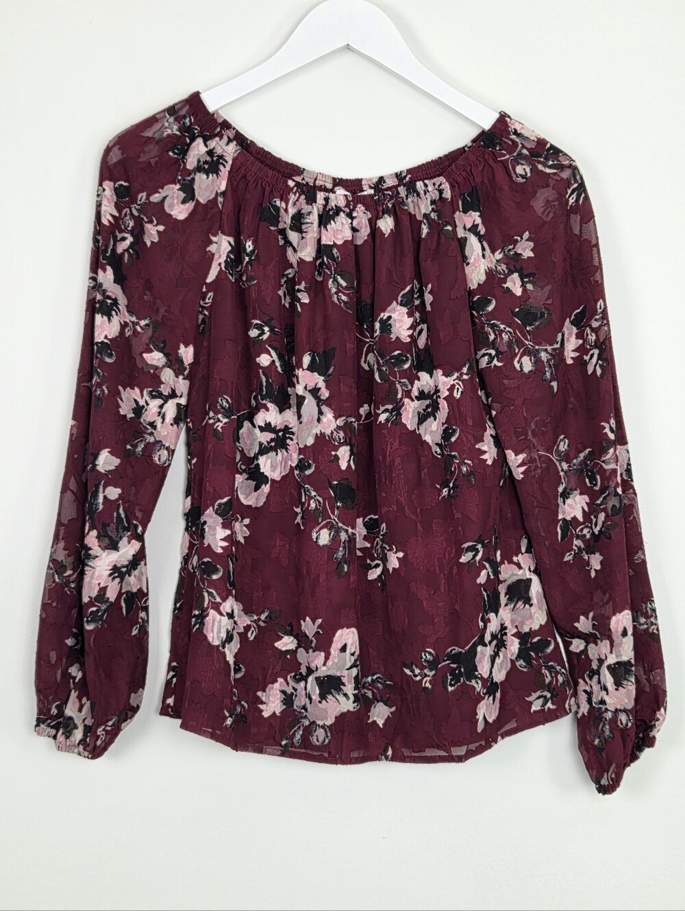 White House Black Market Off-The-Shoulder Burgundy Floral Long Sleeve Blouse XS